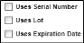 Inventory form - Showing Inventory Options for Item (Uses Serial Number, Uses Lot, Uses Expiration Date)